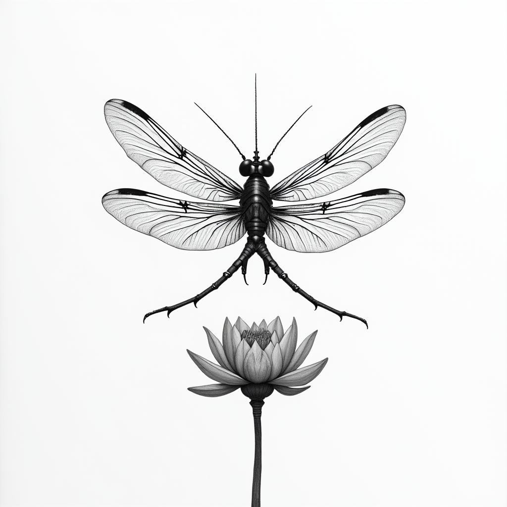 • Dragonfly in flight, wings moving, fine detail.
• Lotus or water flowers beneath its passage.
• Margot and William represented by two small pearls or droplets at the tips of the wings.higly detailed tattoo - Variation 4