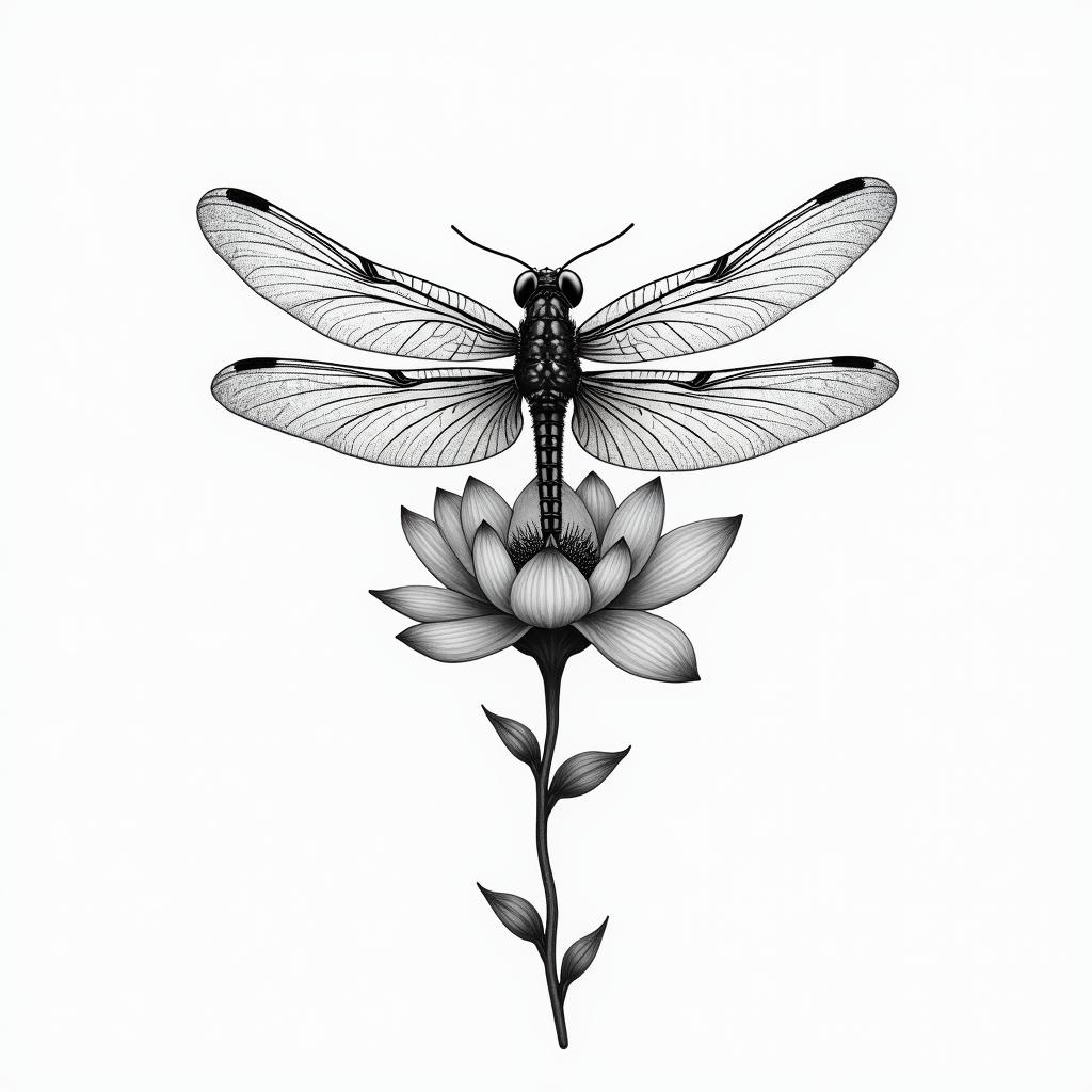• Dragonfly in flight, wings moving, fine detail.
• Lotus or water flowers beneath its passage.
• Margot and William represented by two small pearls or droplets at the tips of the wings.higly detailed tattoo