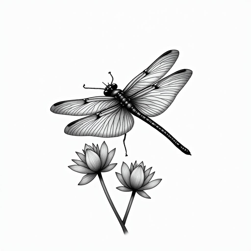 • Dragonfly in flight, wings moving, fine detail.
• Lotus or water flowers beneath its passage.
• Margot and William represented by two small pearls or droplets at the tips of the wings.higly detailed tattoo - Variation 2