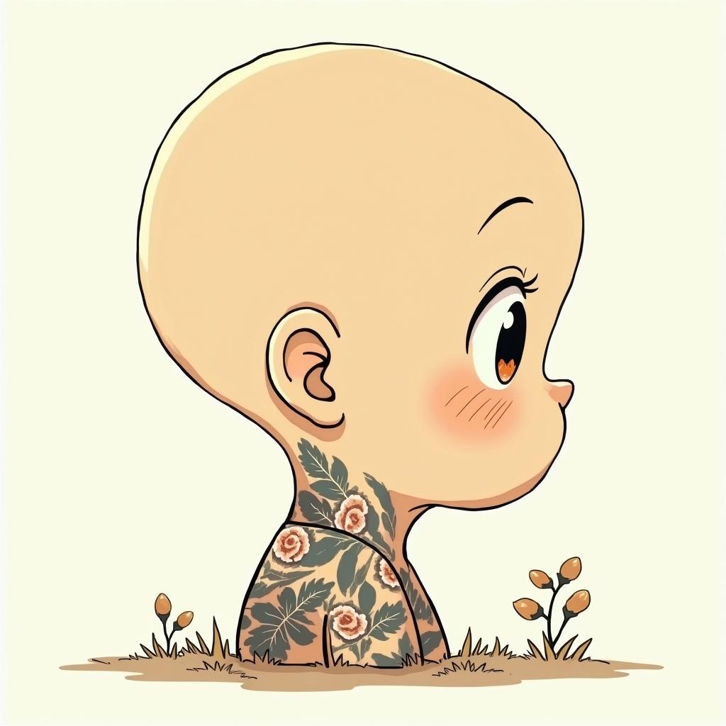 Sweet Ghibli ideasGhibli, Studio Ghibli aesthetic, hand-drawn anime style, retro nostalgic atmosphere, retro soft pastel color palette with earthy tones, retro Japanese cinematic shot, yellow tint effect, bald character, smooth surface, anime shadow 90's anime style - Variation 2