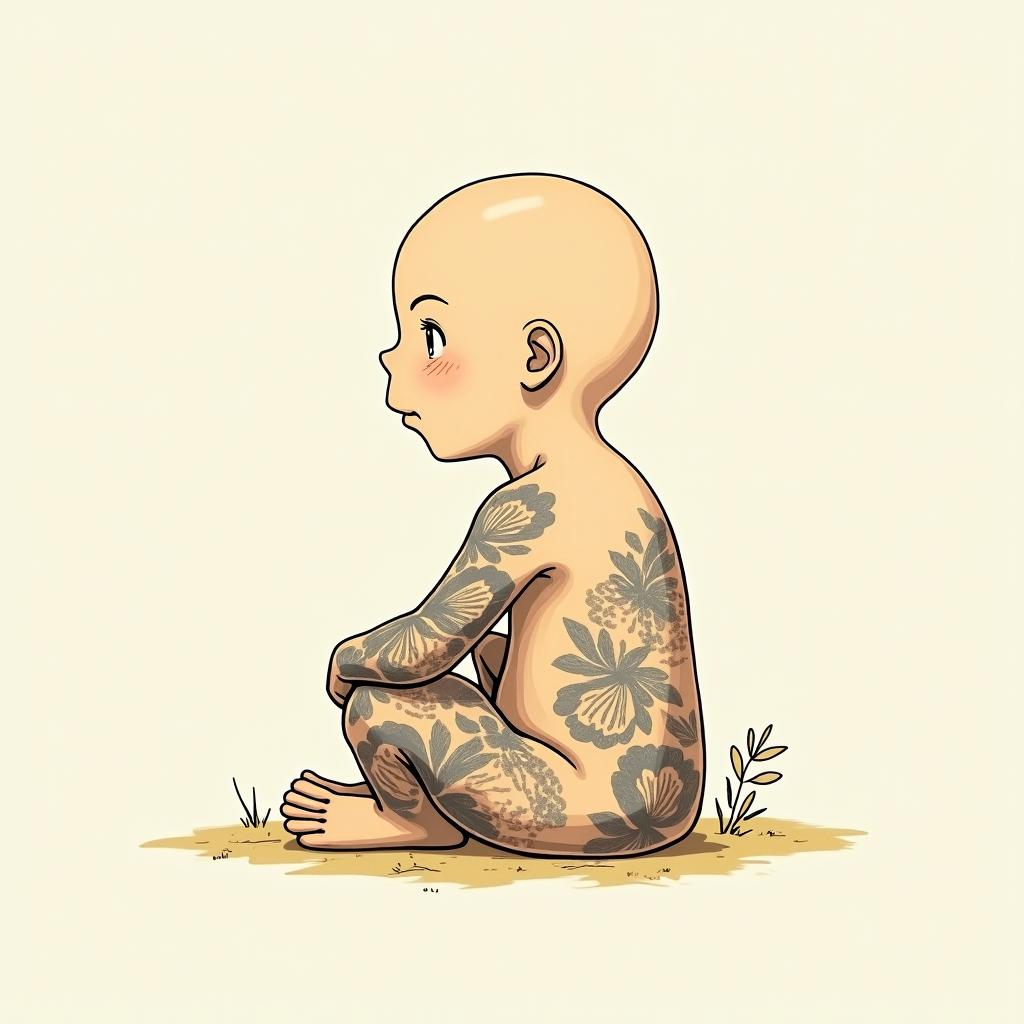 Sweet Ghibli ideasGhibli, Studio Ghibli aesthetic, hand-drawn anime style, retro nostalgic atmosphere, retro soft pastel color palette with earthy tones, retro Japanese cinematic shot, yellow tint effect, bald character, smooth surface, anime shadow 90's anime style