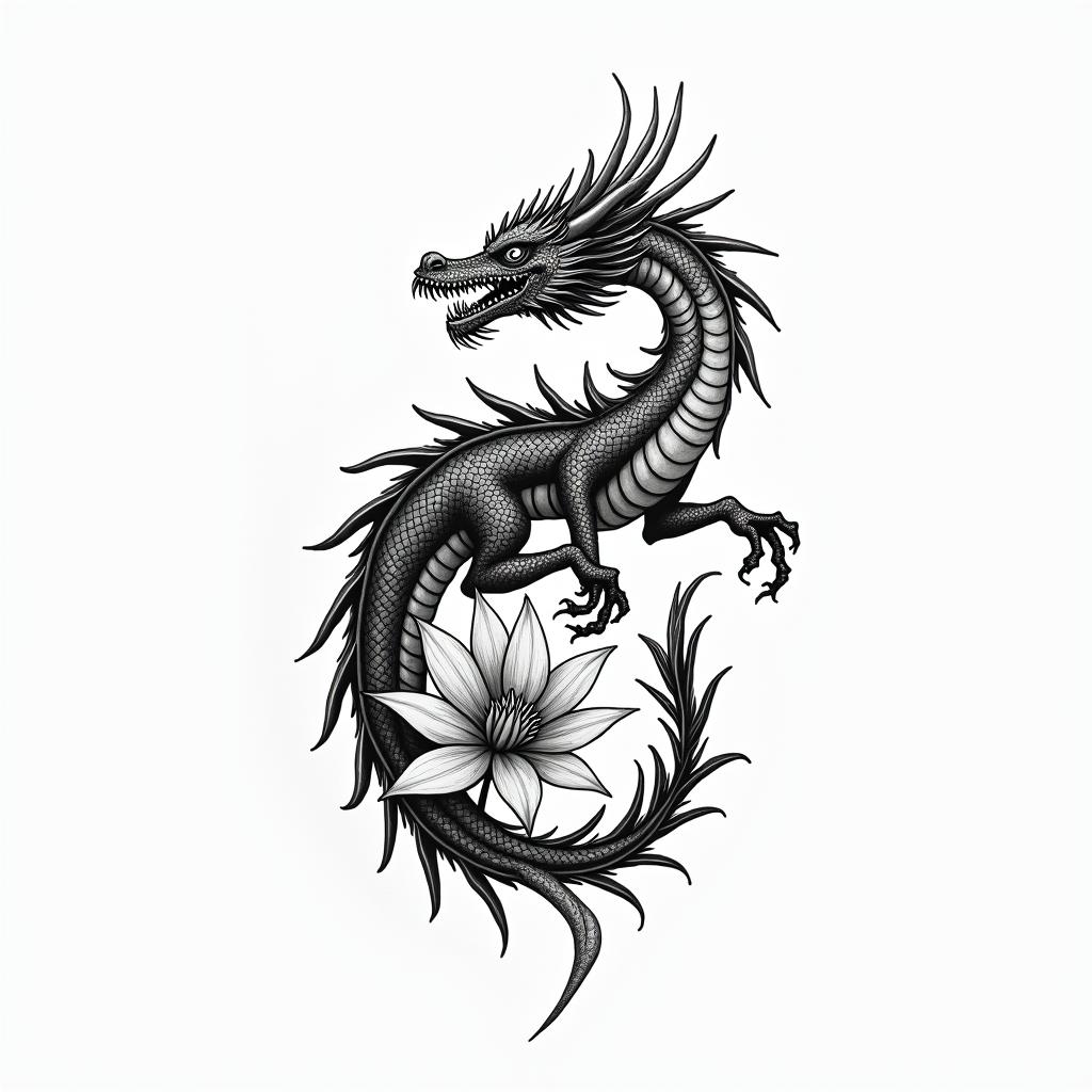 A minimalism 
dragon surrounded by larkspurs and water lily’shigly detailed tattoo - Variation 3