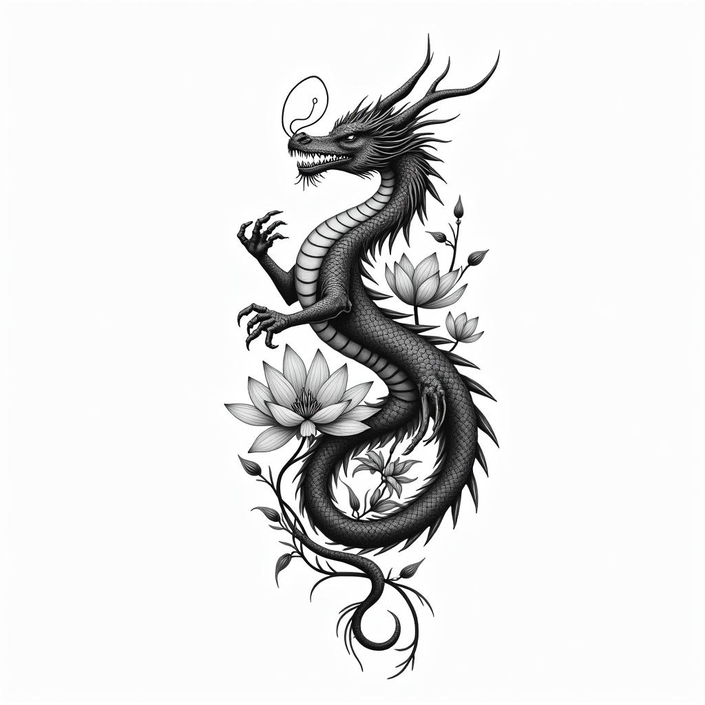 A minimalism 
dragon surrounded by larkspurs and water lily’shigly detailed tattoo - Variation 4