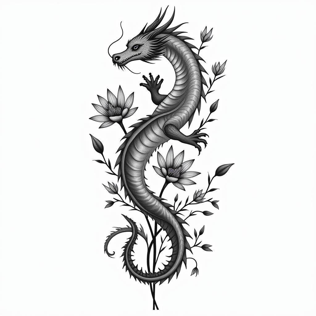 A minimalism 
dragon surrounded by larkspurs and water lily’shigly detailed tattoo - Variation 2