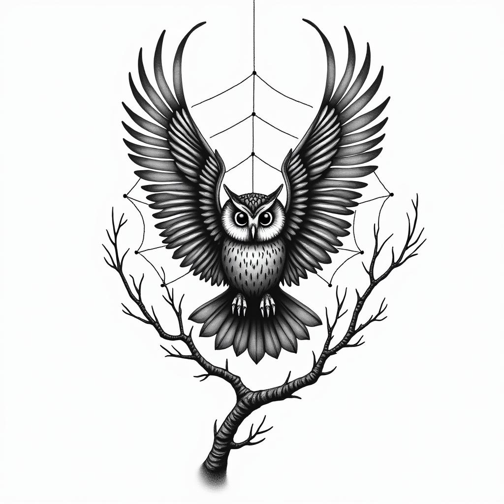 Spider web heart owl branchin new school tattoo, pop culture, modern, detailed tattoo, illustrative