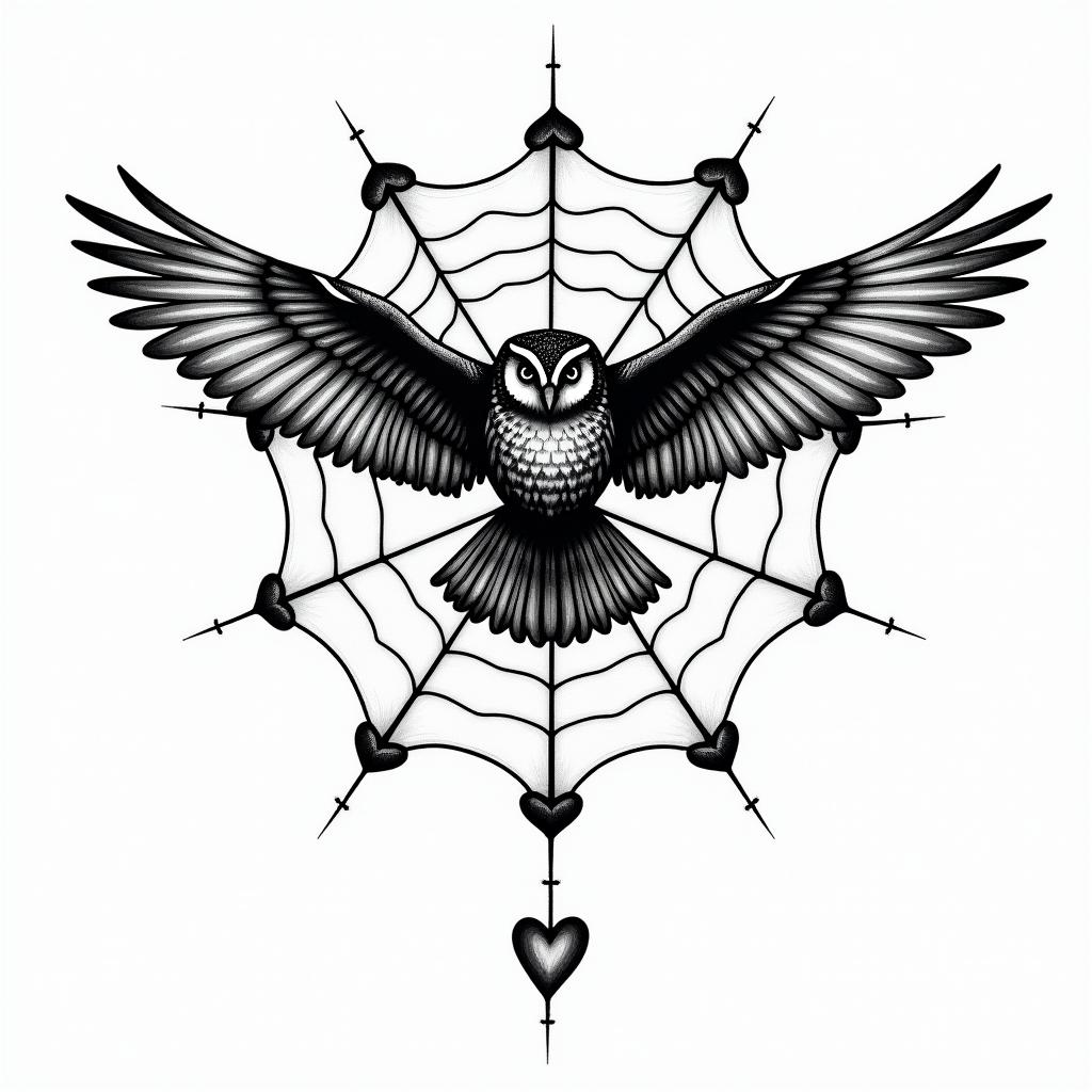Spider web heart owl branchin new school tattoo, pop culture, modern, detailed tattoo, illustrative - Variation 2