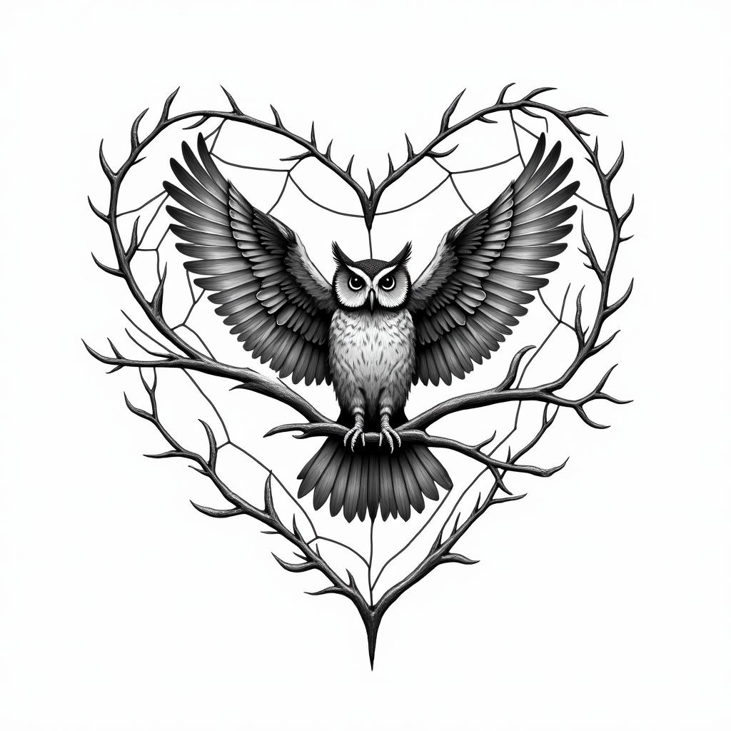 Spider web heart owl branchin new school tattoo, pop culture, modern, detailed tattoo, illustrative - Variation 3