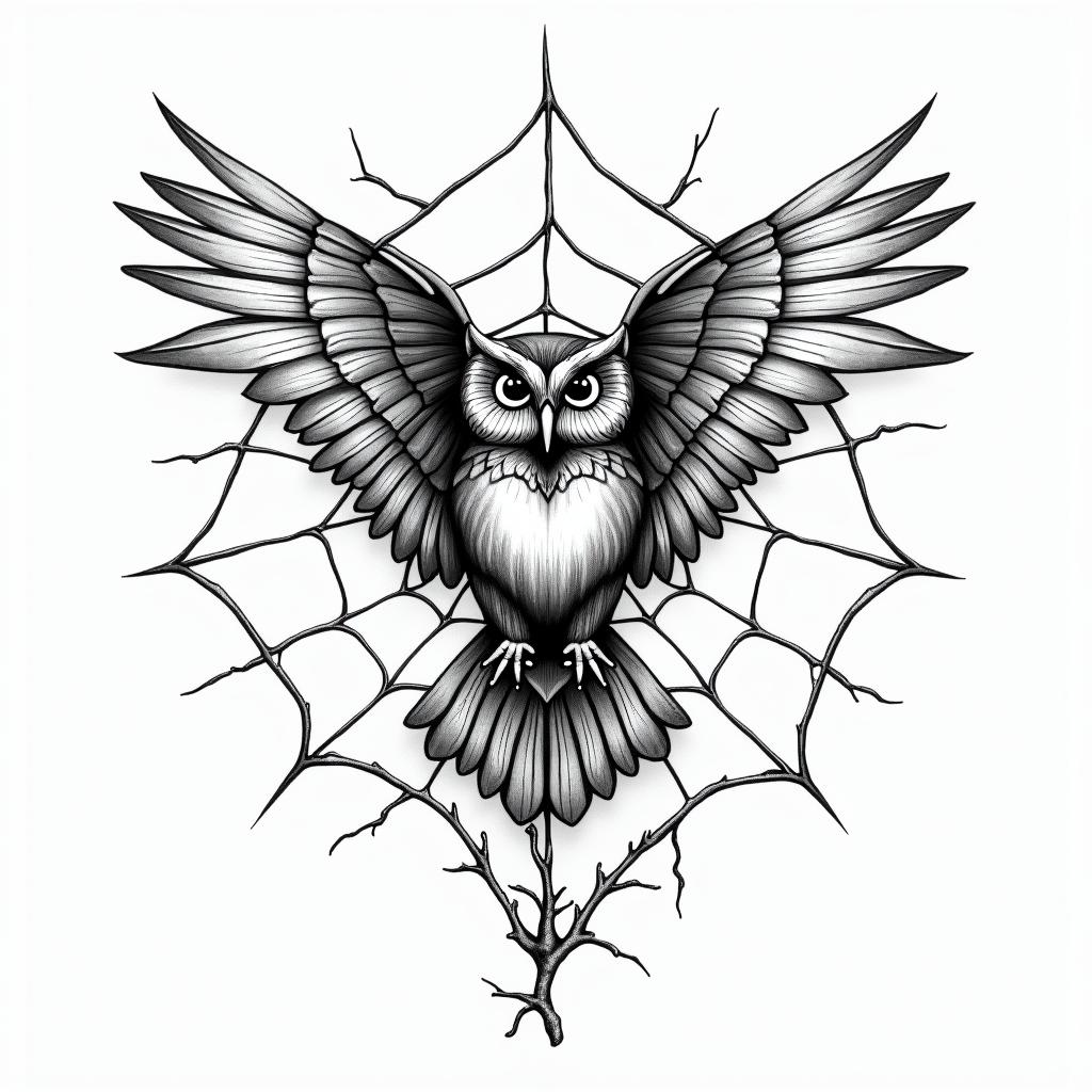 Spider web heart owl branchin new school tattoo, pop culture, modern, detailed tattoo, illustrative - Variation 4
