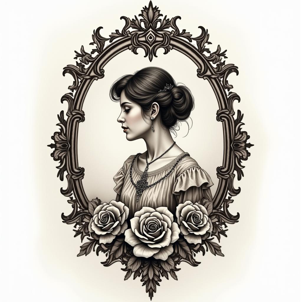 Tobias, Scorpio, November 11, 1994, Erlangenin victorian style tattoo, featuring vintage and elegant elements, ornate frames, roses, antique, sepia-toned color scheme - Variation 3