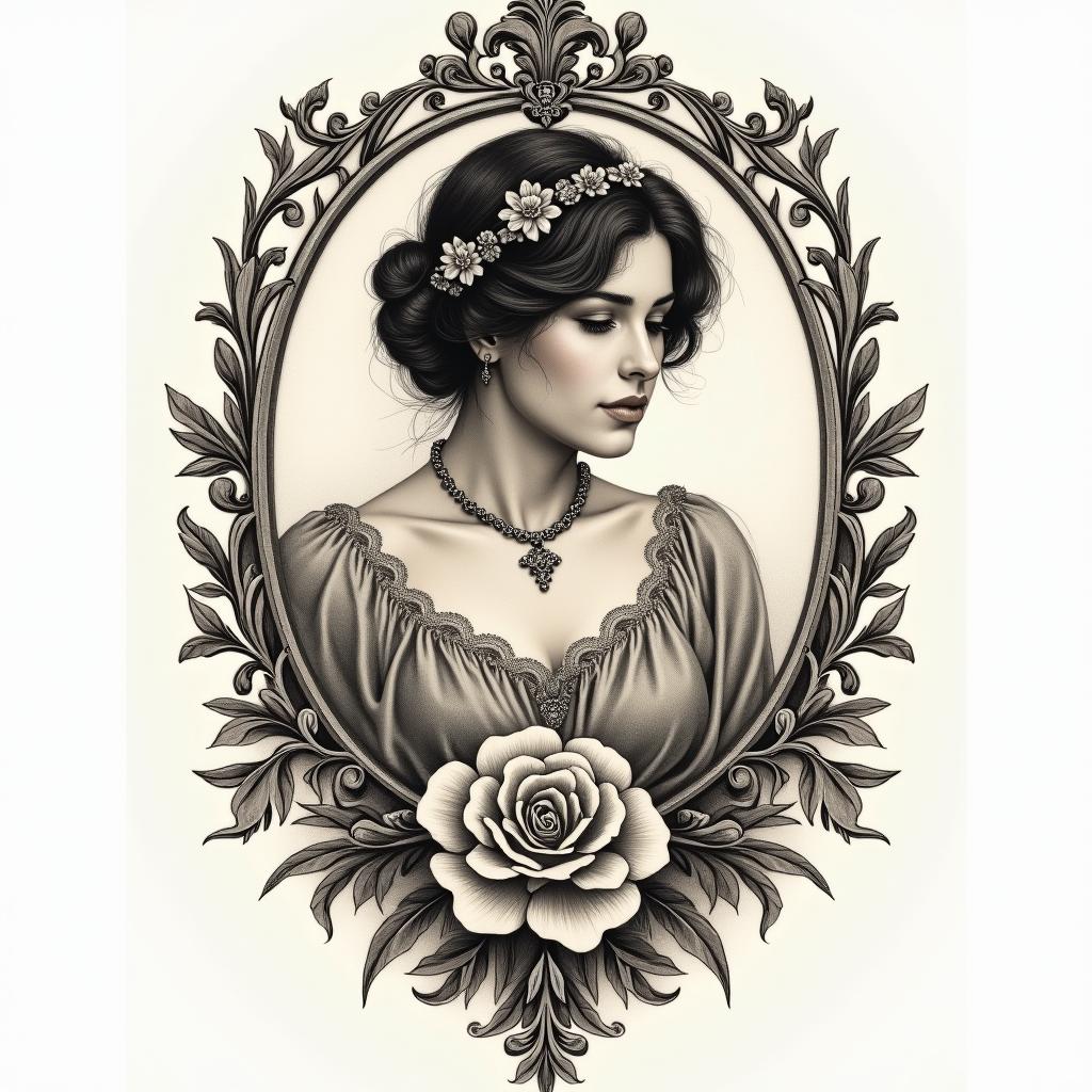 Tobias, Scorpio, November 11, 1994, Erlangenin victorian style tattoo, featuring vintage and elegant elements, ornate frames, roses, antique, sepia-toned color scheme - Variation 2