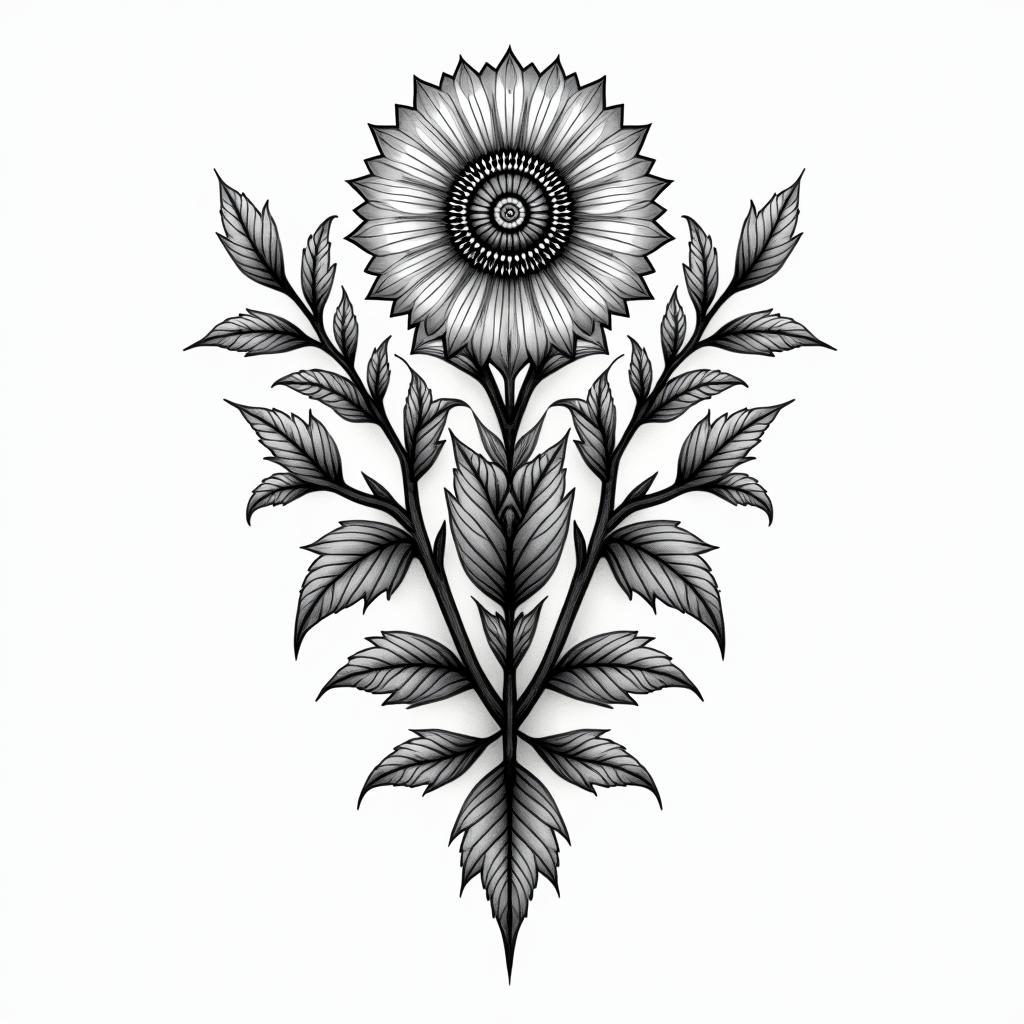Floral in geometric style tattoo, blending hexagons, mandala-inspired patterns, symmetrical and fractal design, clean lines, sharp angles - Variation 4