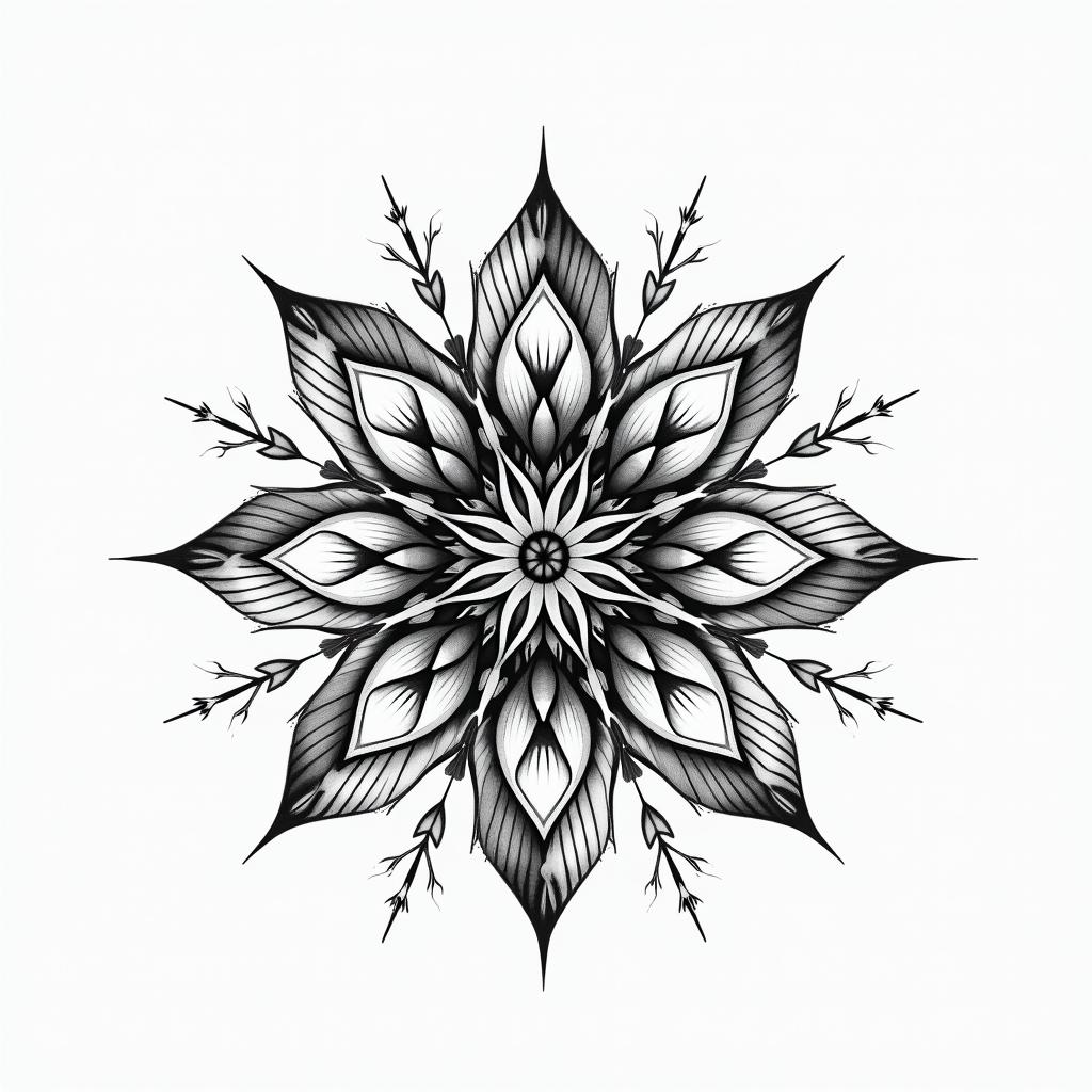 Floral in geometric style tattoo, blending hexagons, mandala-inspired patterns, symmetrical and fractal design, clean lines, sharp angles - Variation 3