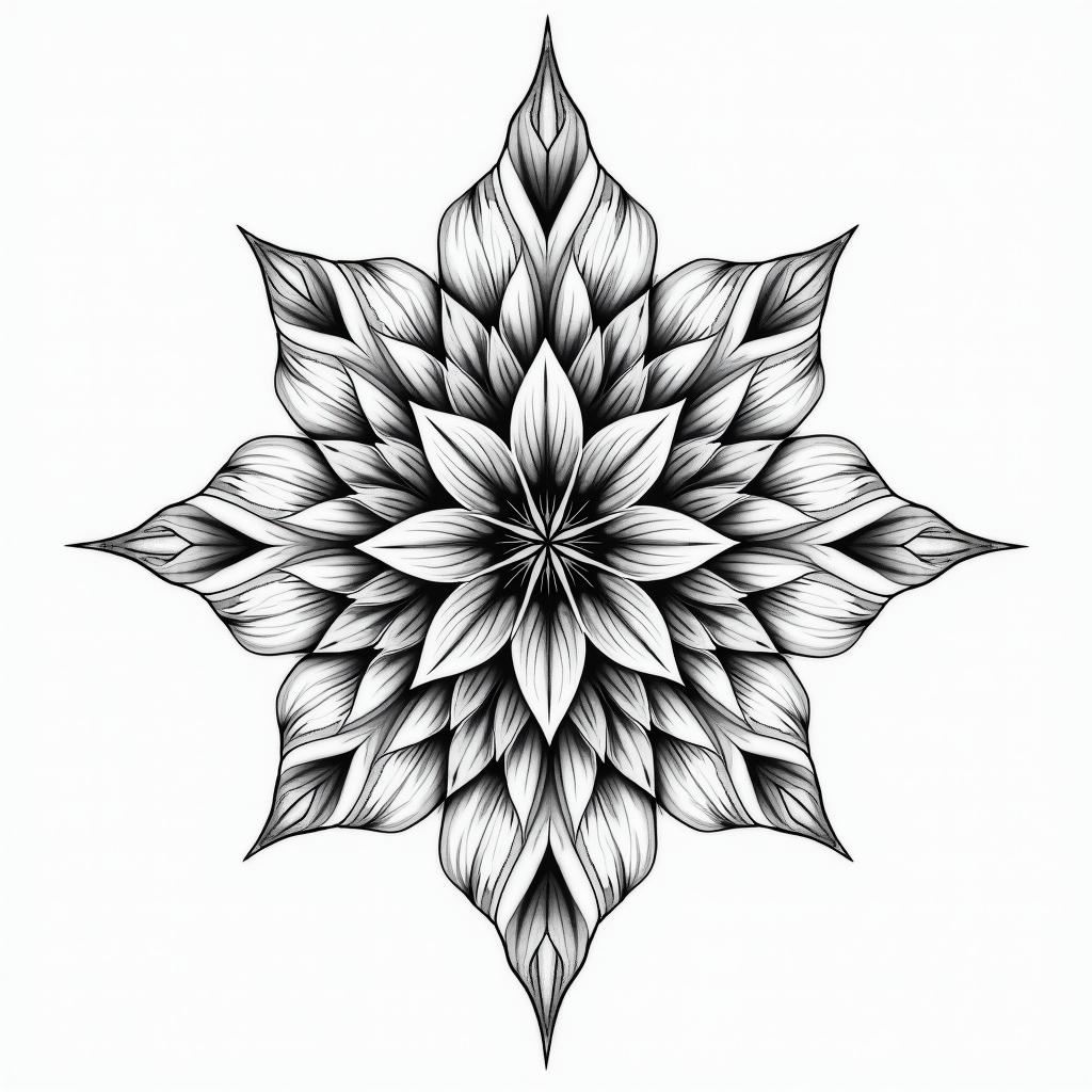 Floral in geometric style tattoo, blending hexagons, mandala-inspired patterns, symmetrical and fractal design, clean lines, sharp angles