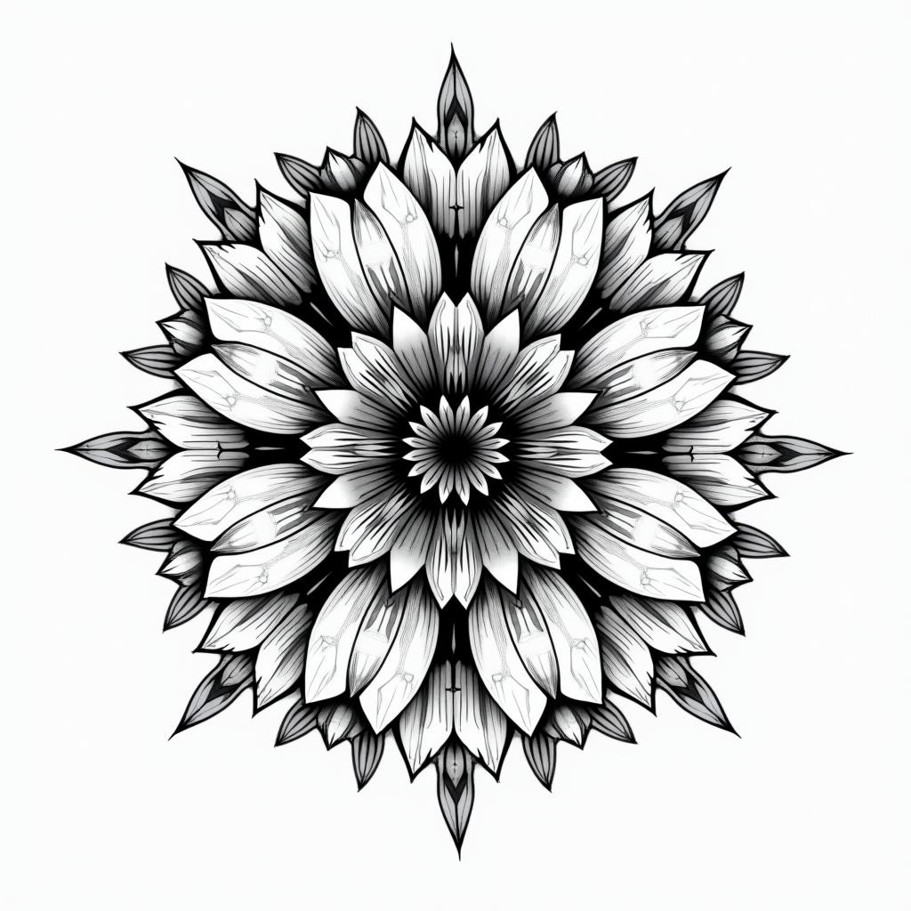 Floral in geometric style tattoo, blending hexagons, mandala-inspired patterns, symmetrical and fractal design, clean lines, sharp angles - Variation 2