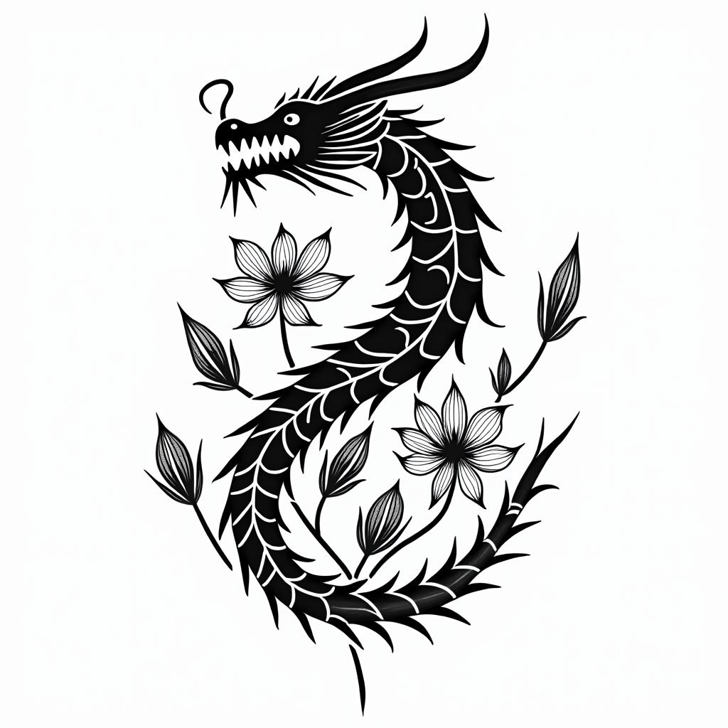 A minimalism
dragon surrounded by larkspurs and water lily’sin tribal tattoo style, featuring bold and black geometric shapes, curved lines, intertwine and flow seamlessly, creating a powerful and symbolic design, polynesian and maori styles - Variation 3