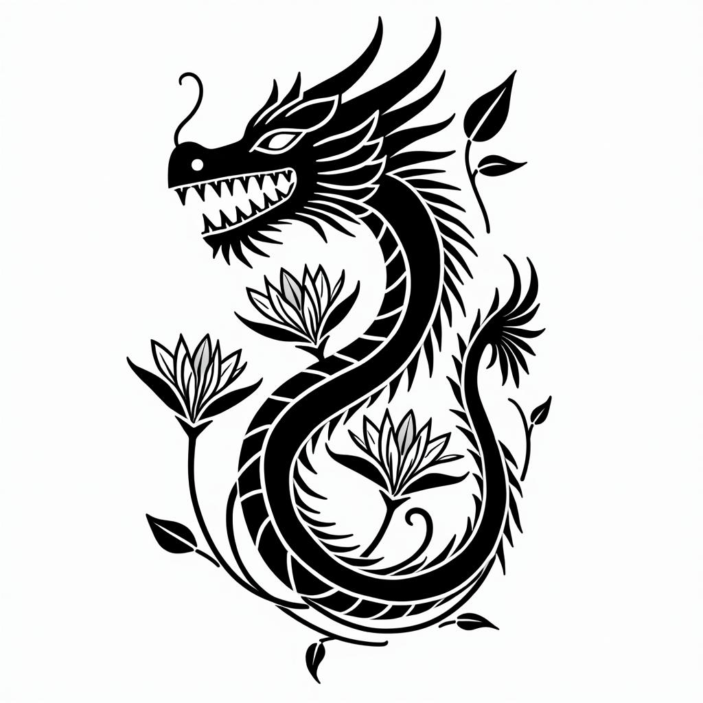 A minimalism
dragon surrounded by larkspurs and water lily’sin tribal tattoo style, featuring bold and black geometric shapes, curved lines, intertwine and flow seamlessly, creating a powerful and symbolic design, polynesian and maori styles - Variation 4