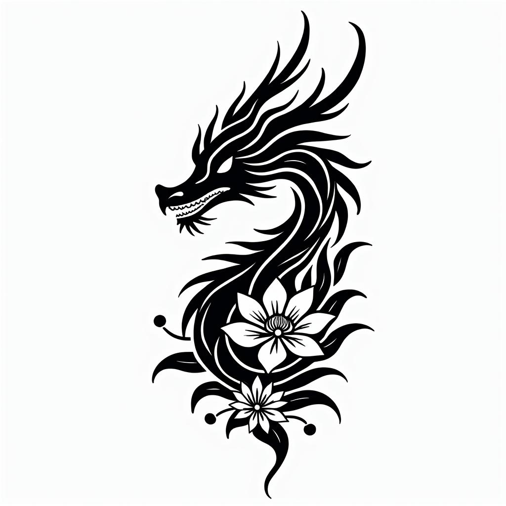A minimalism
dragon surrounded by larkspurs and water lily’sin tribal tattoo style, featuring bold and black geometric shapes, curved lines, intertwine and flow seamlessly, creating a powerful and symbolic design, polynesian and maori styles