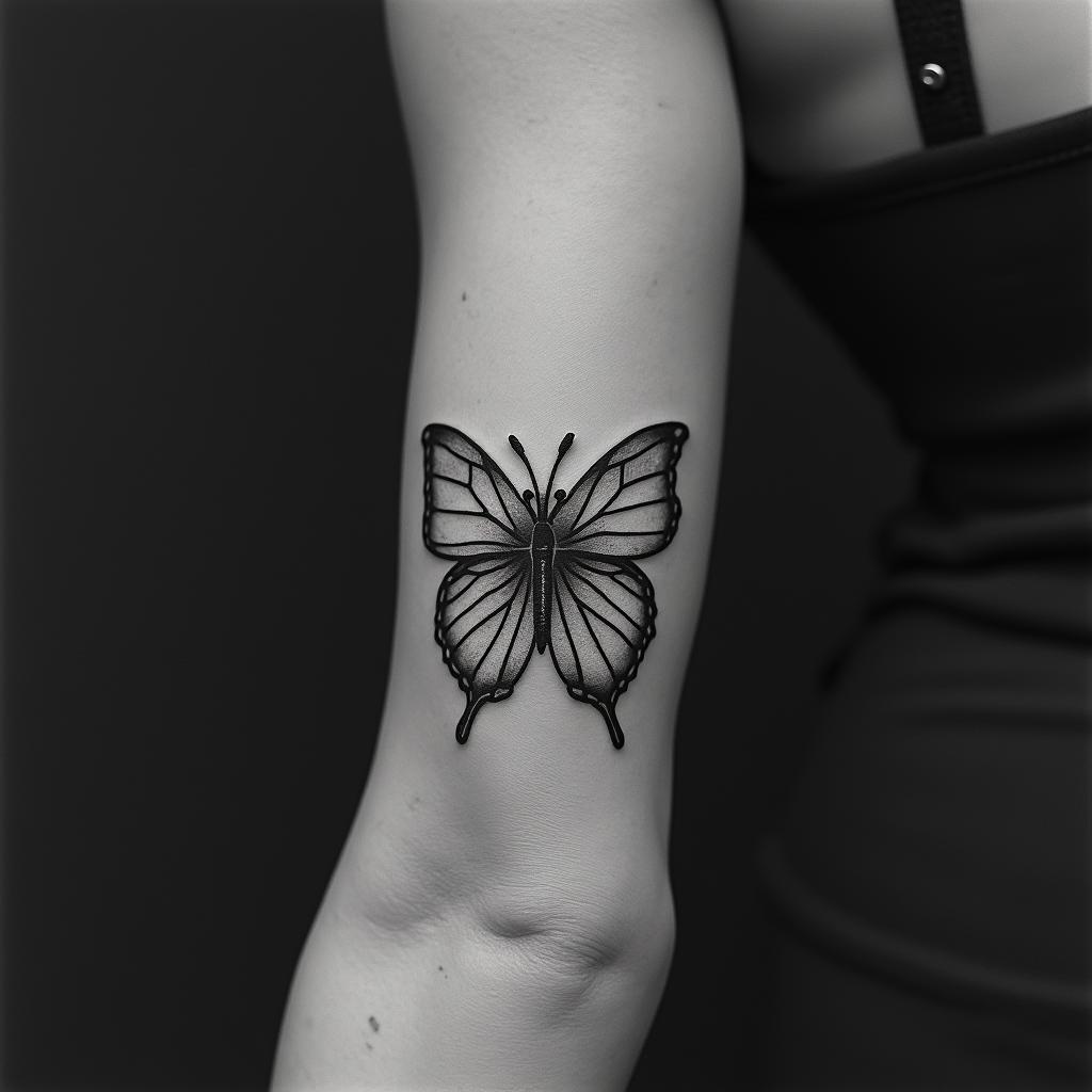 Roman numerals 02/02/17 maddie in cursive and butterfly or hibiscushigly detailed tattoo - Variation 2