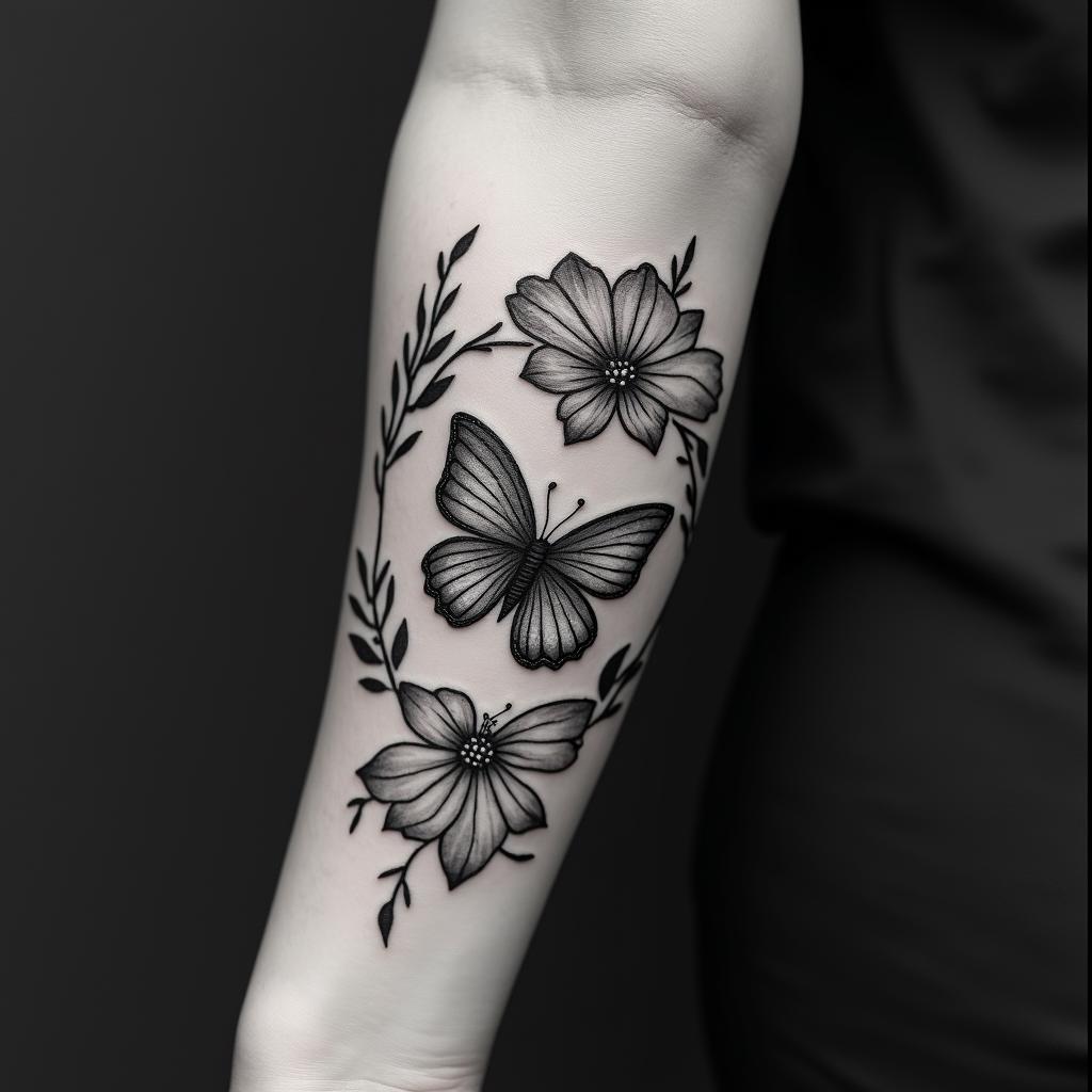 Roman numerals 02/02/17 maddie in cursive and butterfly or hibiscushigly detailed tattoo - Variation 4