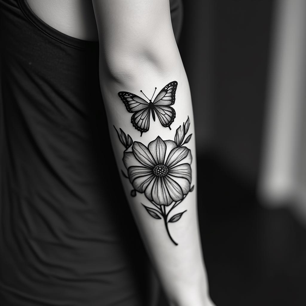 Roman numerals 02/02/17 maddie in cursive and butterfly or hibiscushigly detailed tattoo - Variation 3