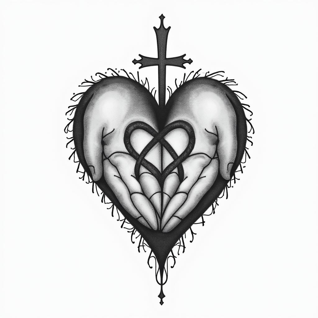 Thumbprint heart with mother/daughter/granddaughter infinity sign, love written in child script, cross in backgroundhigly detailed tattoo - Variation 2
