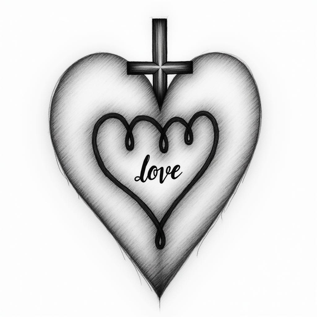 Thumbprint heart with mother/daughter/granddaughter infinity sign, love written in child script, cross in backgroundhigly detailed tattoo - Variation 4