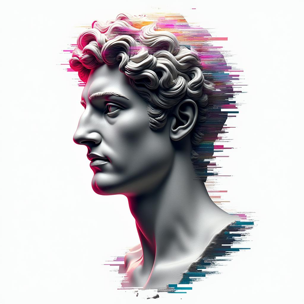 Tobias, Scorpio, November 11, 1994, Erlangenin distorted and fragmented tattoo design, featuring a classical statue bust, in a glitch art style with vibrant, overlapping colors of cyan, magenta, and yellow, creating a digital distortion effect - Variation 8