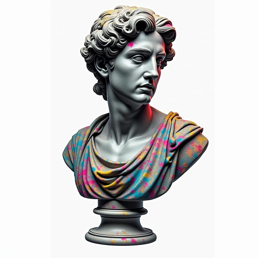 Tobias, Scorpio, November 11, 1994, Erlangenin distorted and fragmented tattoo design, featuring a classical statue bust, in a glitch art style with vibrant, overlapping colors of cyan, magenta, and yellow, creating a digital distortion effect - Variation 5