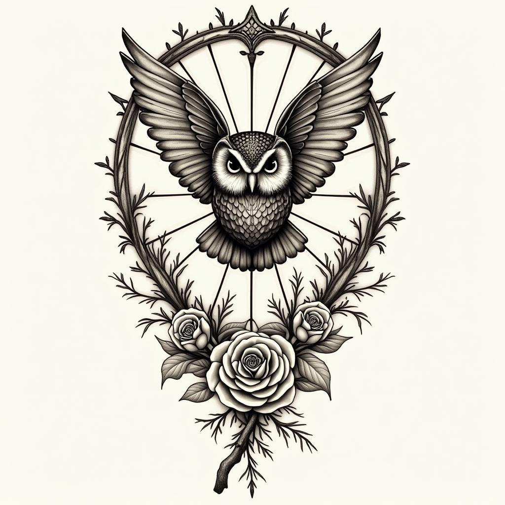 Spider web heart owl branchin victorian style tattoo, featuring vintage and elegant elements, ornate frames, roses, antique, sepia-toned color scheme - Variation 2