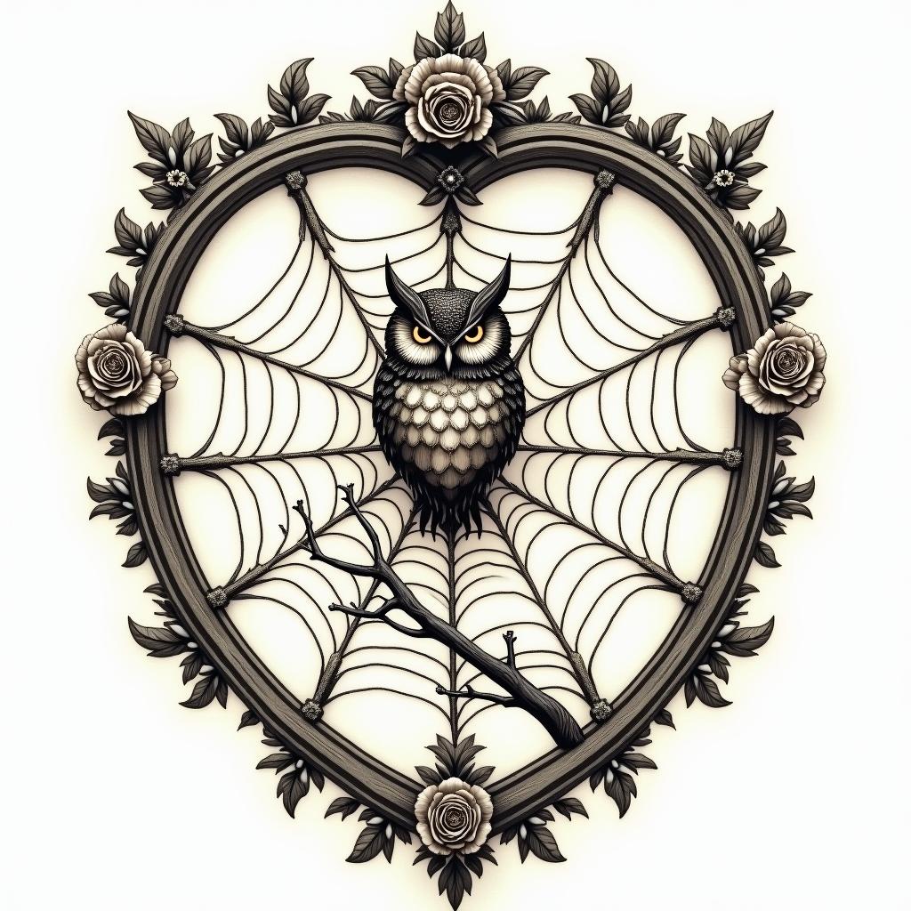 Spider web heart owl branchin victorian style tattoo, featuring vintage and elegant elements, ornate frames, roses, antique, sepia-toned color scheme - Variation 4
