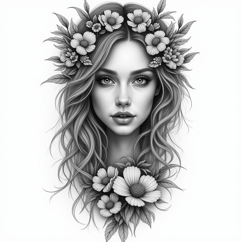 Tanya, 42 years old, I’m a Virgo, 11:11 , the lion is my crown chakra, aster is my birth flower, I like mushrooms and wildflowers, I want a tattoo sleeve, with a realistic female facein bohemian style tattoo, 8k - Variation 3