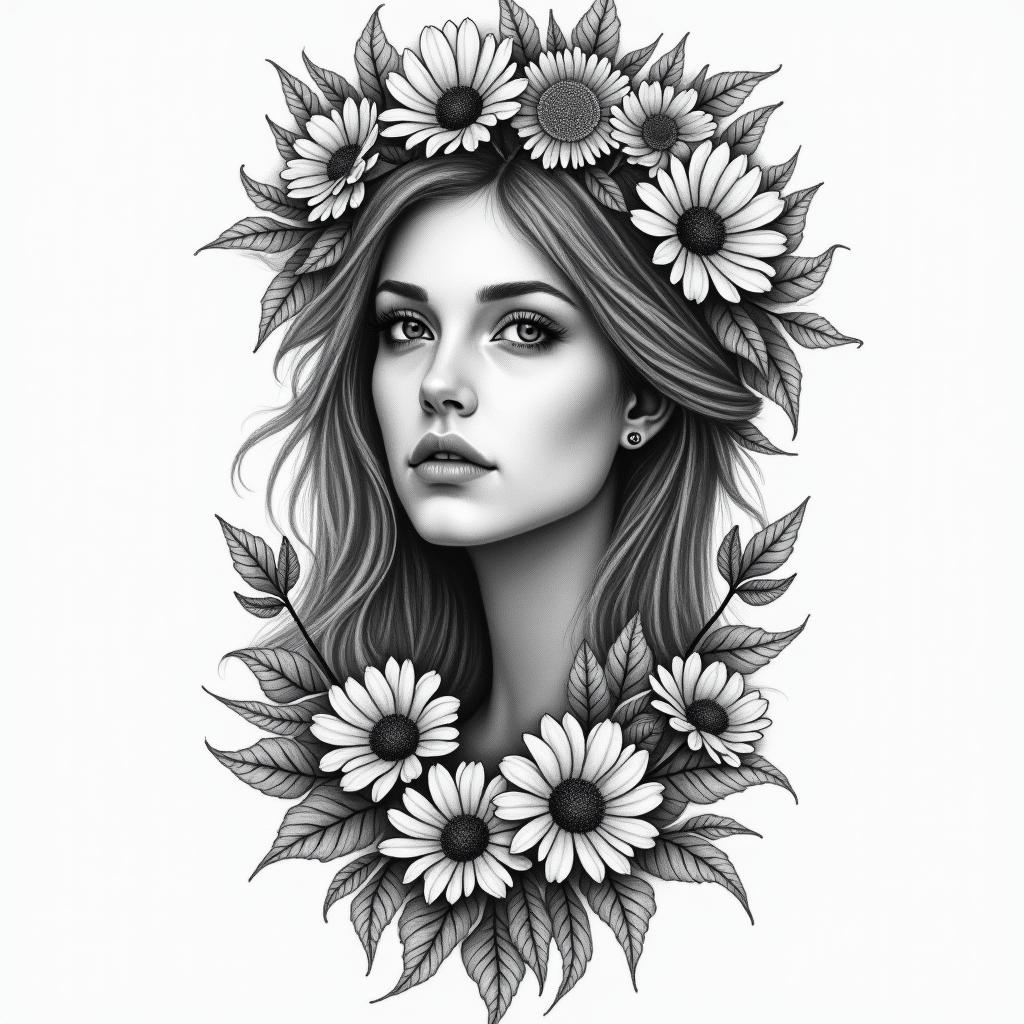 Tanya, 42 years old, I’m a Virgo, 11:11 , the lion is my crown chakra, aster is my birth flower, I like mushrooms and wildflowers, I want a tattoo sleeve, with a realistic female facein bohemian style tattoo, 8k - Variation 4