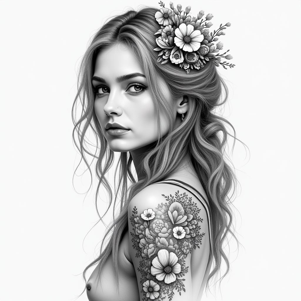 Tanya, 42 years old, I’m a Virgo, 11:11 , the lion is my crown chakra, aster is my birth flower, I like mushrooms and wildflowers, I want a tattoo sleeve, with a realistic female facein bohemian style tattoo, 8k