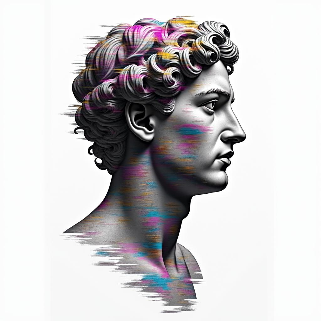 Tobias, Scorpio, November 11, 1994, Erlangenin distorted and fragmented tattoo design, featuring a classical statue bust, in a glitch art style with vibrant, overlapping colors of cyan, magenta, and yellow, creating a digital distortion effect - Variation 2