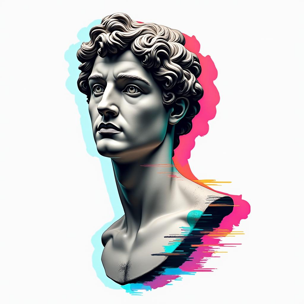 Tobias, Scorpio, November 11, 1994, Erlangenin distorted and fragmented tattoo design, featuring a classical statue bust, in a glitch art style with vibrant, overlapping colors of cyan, magenta, and yellow, creating a digital distortion effect