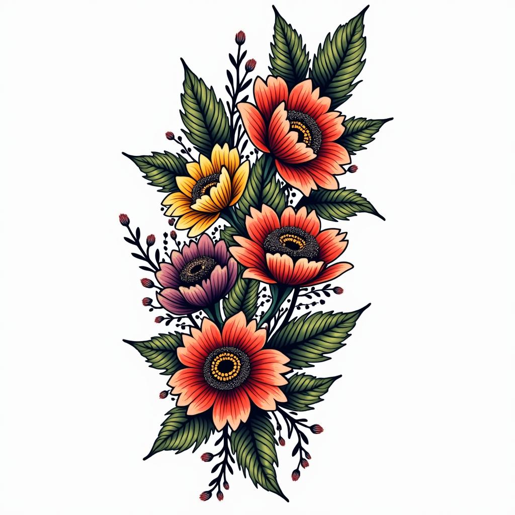 A bracelet of various flowers.in pop art style tattoo, featuring bold and vibrant colors, exaggerated outlines, iconic imagery, inspired by comic books and speech bubbles, comic book characters, retro pop culture - Variation 2