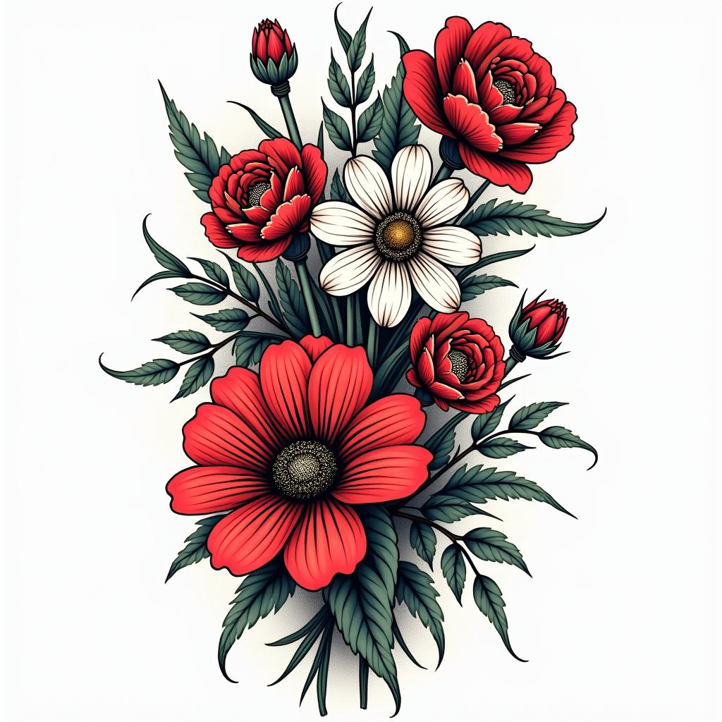 A bracelet of various flowers.in pop art style tattoo, featuring bold and vibrant colors, exaggerated outlines, iconic imagery, inspired by comic books and speech bubbles, comic book characters, retro pop culture - Variation 4