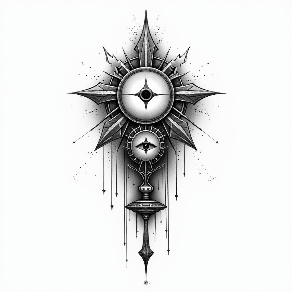 Timothy, Gemini, Lafayettein spiritual symbols tattoo style, featuring an intricate design incorporating elements, Hamsa hand, third eye, minimalist composition