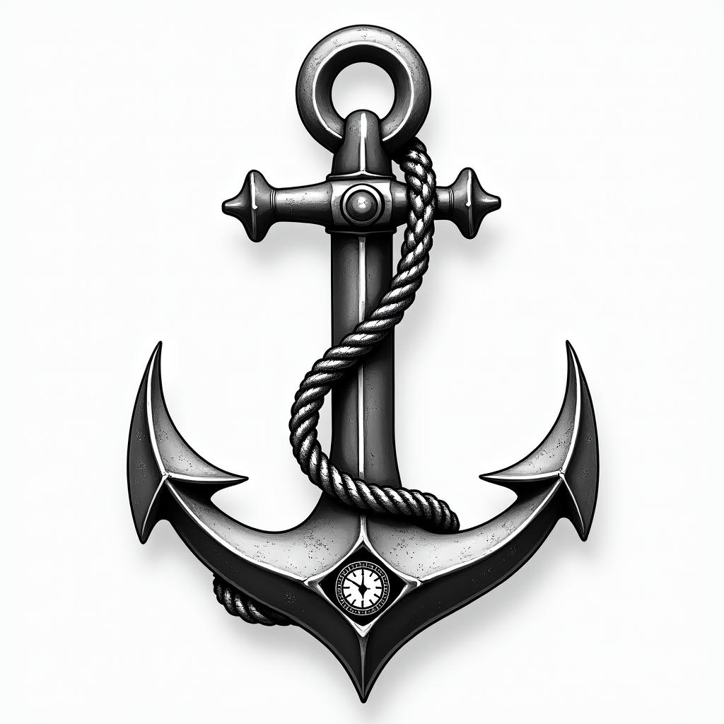 Anchor with nautical rope and compasshigly detailed tattoo - Variation 11