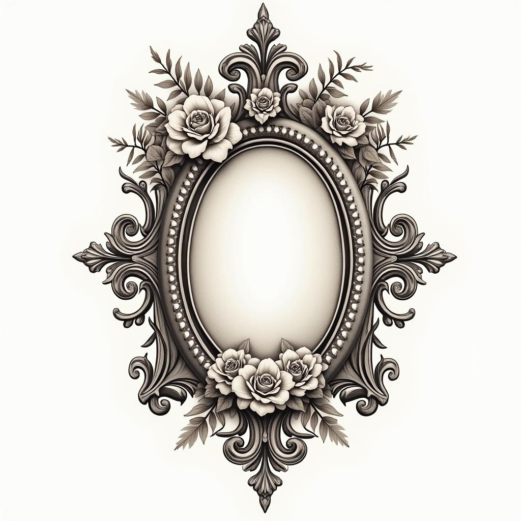 Use the dates 2001 -03-24 2003-02-06 2005-03-14 2017-02-11 2018-06-03 1986-12-30 to make many paths tattooin victorian style tattoo, featuring vintage and elegant elements, ornate frames, roses, antique, sepia-toned color scheme