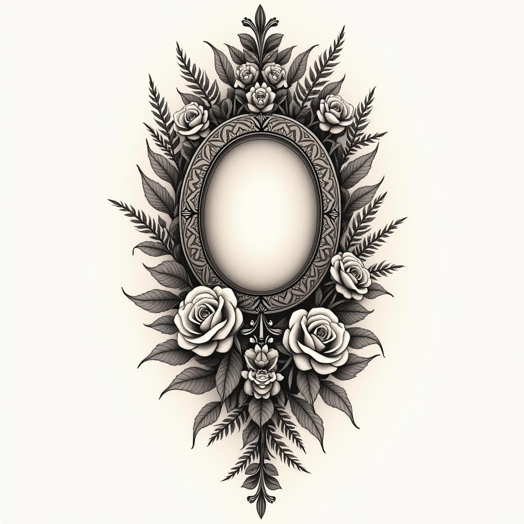 Use the dates 2001 -03-24 2003-02-06 2005-03-14 2017-02-11 2018-06-03 1986-12-30 to make many paths tattooin victorian style tattoo, featuring vintage and elegant elements, ornate frames, roses, antique, sepia-toned color scheme - Variation 4