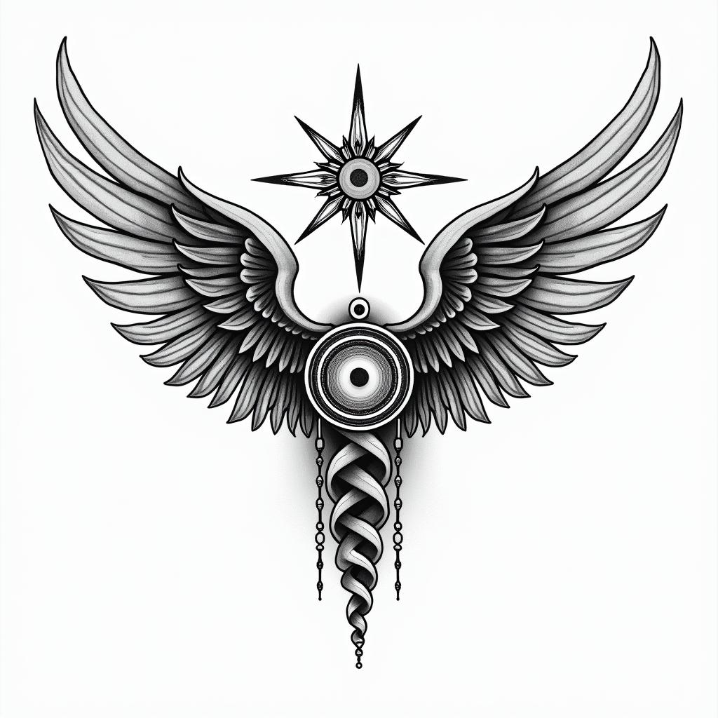 Faith , angel wingsin spiritual symbols tattoo style, featuring an intricate design incorporating elements, Hamsa hand, third eye, minimalist composition
