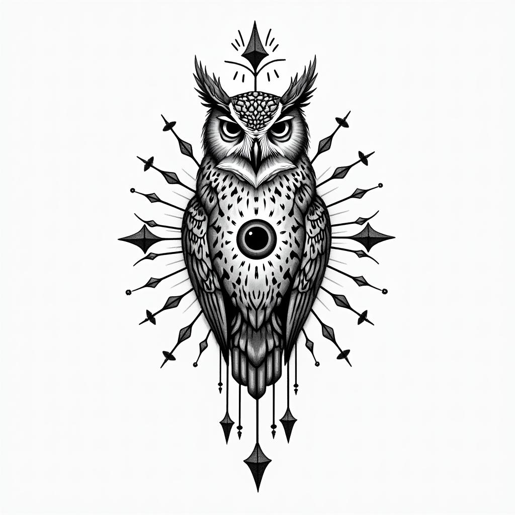 Owl is.in spiritual symbols tattoo style, featuring an intricate design incorporating elements, Hamsa hand, third eye, minimalist composition - Variation 4