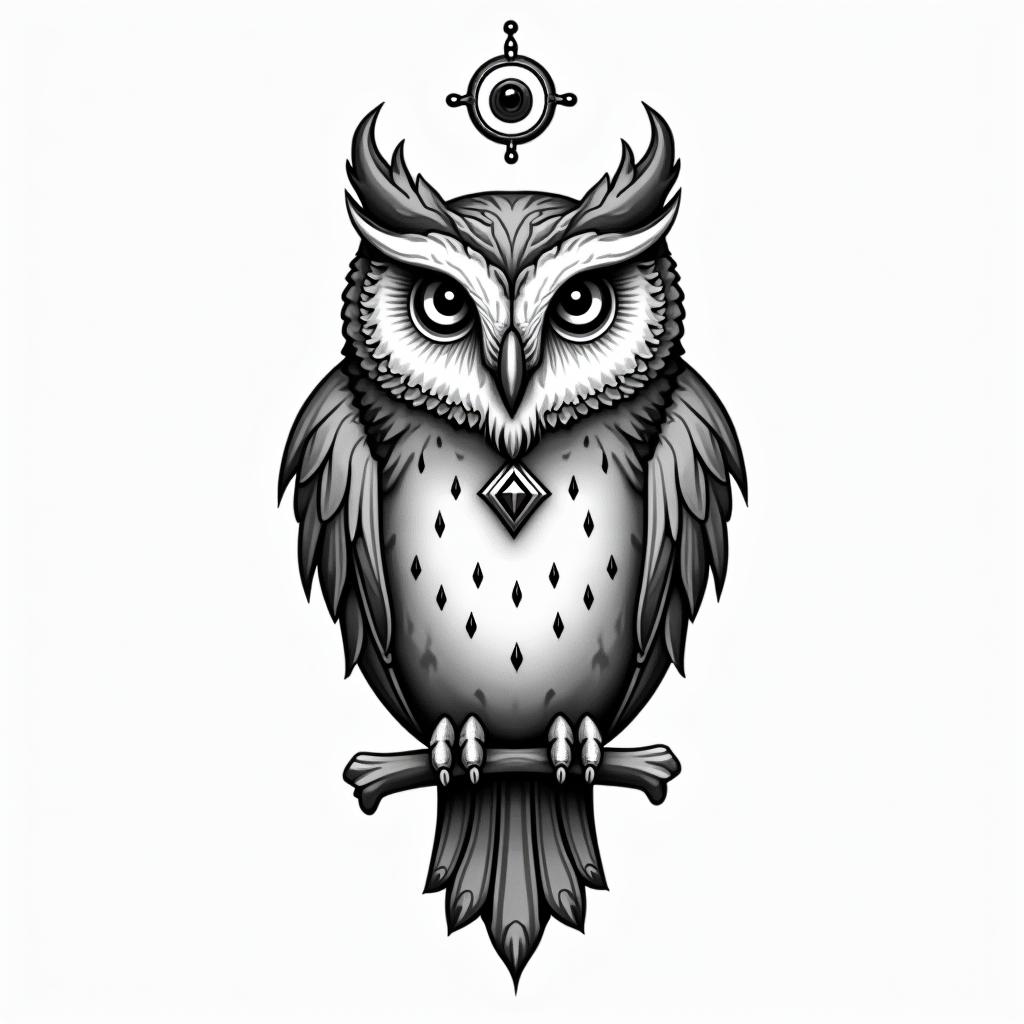 Owl is.in spiritual symbols tattoo style, featuring an intricate design incorporating elements, Hamsa hand, third eye, minimalist composition - Variation 3