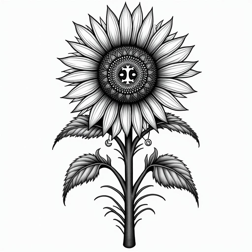 Sunflower, sunset, Kansasin paganic style tattoo, featuring ancient symbols, add vegvisir symbol, mystical figures, incorporating designs, pentagrams, runes, crescent moons, - Variation 3