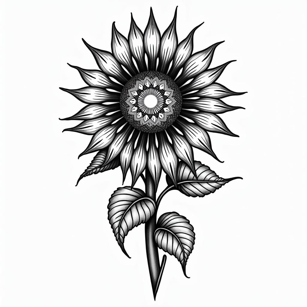 Sunflower, sunset, Kansasin paganic style tattoo, featuring ancient symbols, add vegvisir symbol, mystical figures, incorporating designs, pentagrams, runes, crescent moons, - Variation 2