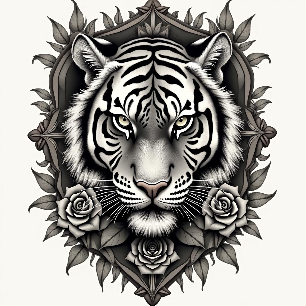 Tiger with intense eyes in a junglein victorian style tattoo, featuring vintage and elegant elements, ornate frames, roses, antique, sepia-toned color scheme - Variation 3