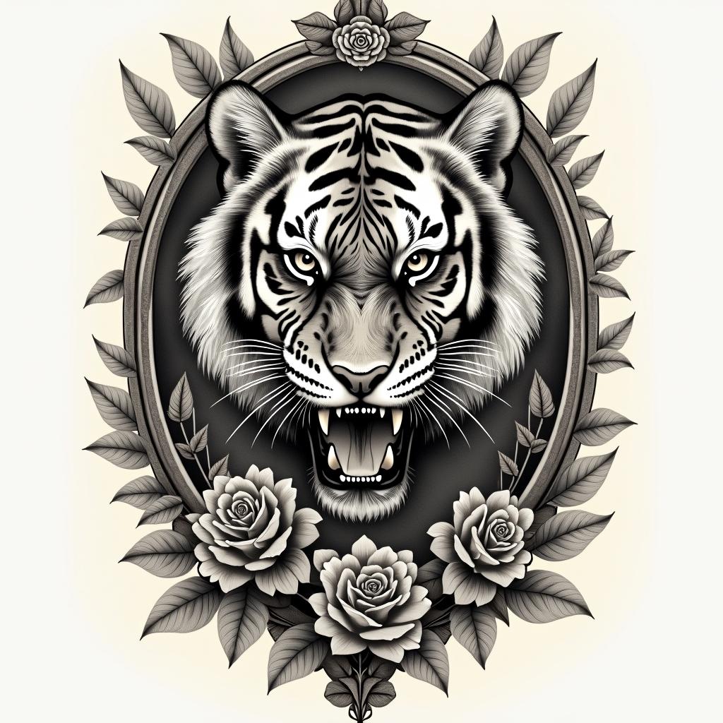 Tiger with intense eyes in a junglein victorian style tattoo, featuring vintage and elegant elements, ornate frames, roses, antique, sepia-toned color scheme