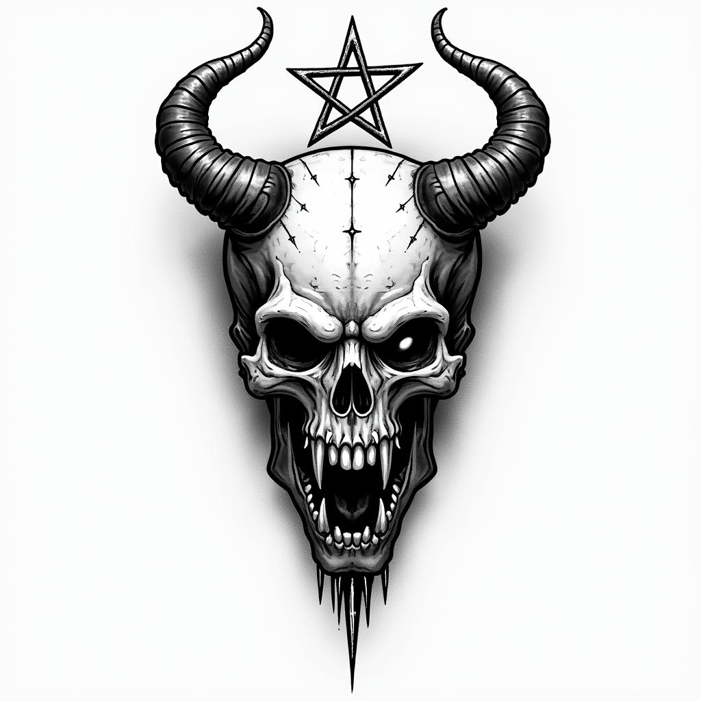 Tarotcreepy horror tattoo style, featuring an eerie and unsettling skull of a demonic creature, distorted face with sharp fangs, add pentagram symbol - Variation 3