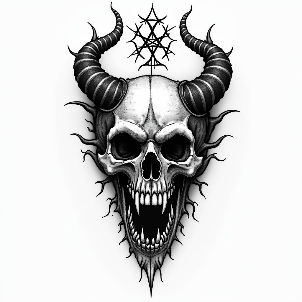 Tarotcreepy horror tattoo style, featuring an eerie and unsettling skull of a demonic creature, distorted face with sharp fangs, add pentagram symbol - Variation 4
